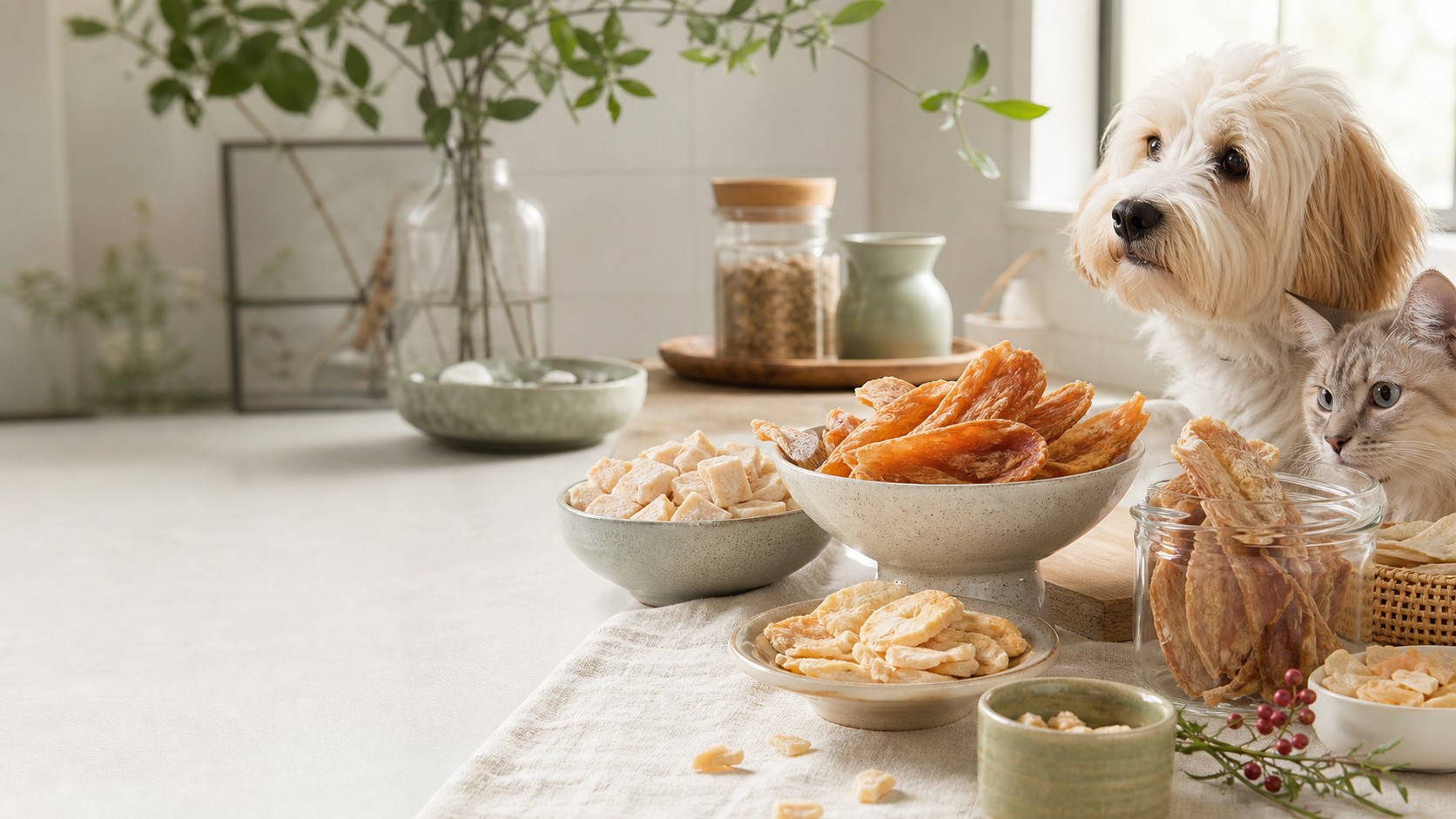 天然宠物零食摆放在明亮厨房台面上，旁边有猫和狗